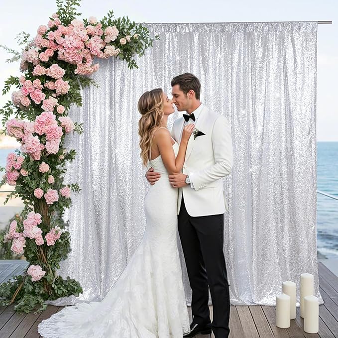 SquarePie 4x7ft Silver Sequin Backdrop for Photography, Satin-Backed Real Sequin Curtain, Enhanced Coverage Shimmering Background with 4" Rod Pocket for Wedding, Birthday, Party Decor, 1 Panel