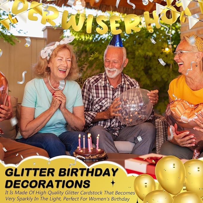 Fulmoon Set of 3 Pre Strung Older Wiser Hotter Glitter Banner Funny Birthday Banner for Women 30th 40th 50th 60th 70th 80th Birthday Party Decorations Sign Gift(Bright Gold)