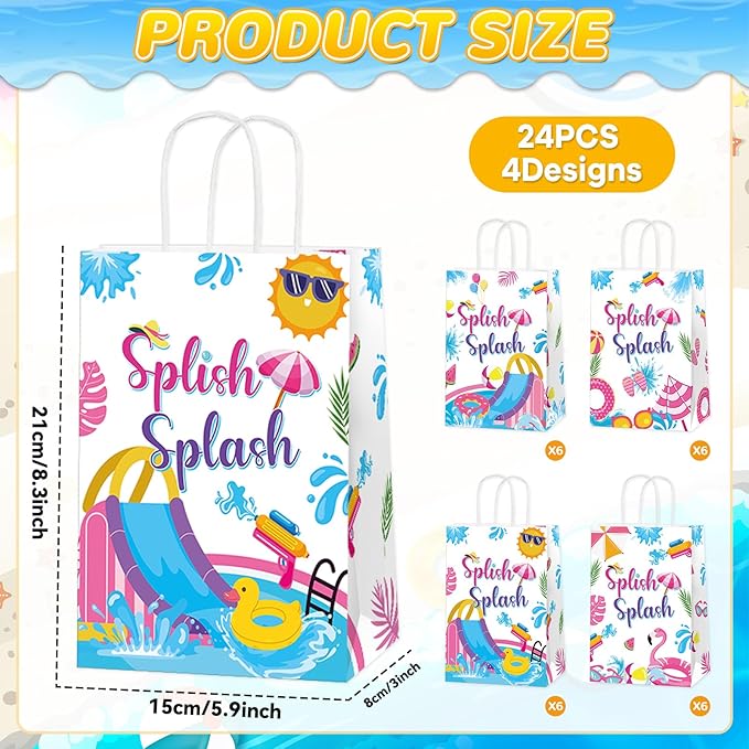 24Pcs Splish Splash Party Paper Bags Splish Splash Birthday Decorations Water Slide Kraft Gift Bags with Handles Pool Birthday Paper Candy Treat Bag for Kids Swimming Bash Hawaiian Luau Party Supplies