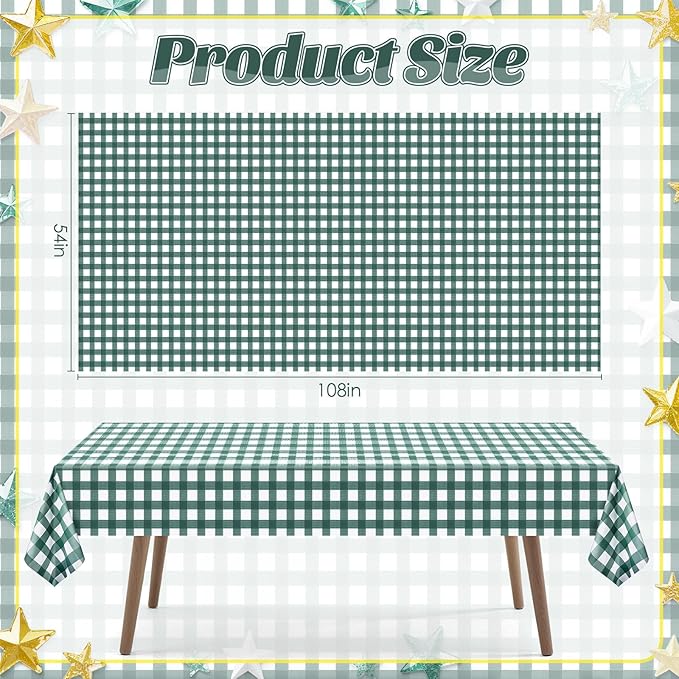 1 Pack Sage Green Striped Gingham Tablecloths, 54 x 108 Inch Disposable Plastic Rectangle Table Covers, Waterproof Checkered Sage Green Table Cloths for Picnic, Birthday, Party, Outdoor Events