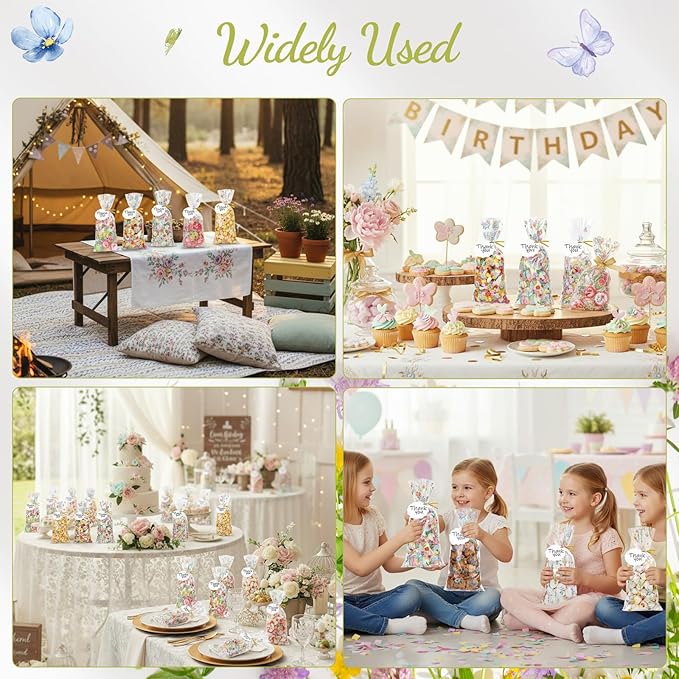 woric 100 Set Wildflower Cellophane Treat Bags Plastic Floral Candy Bags Goodie Bag with 100 Gift Tags and Twist Ties for Bridal Shower Wedding Birthday Baby Shower Summer Picnic Party Favors
