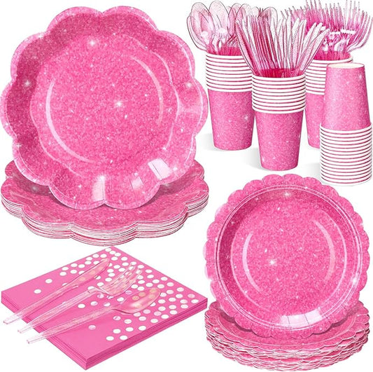 Hushee 175 Pcs Hot Pink Holographic Print Party 25 Guests Disposable Dinnerware Set Include Paper Plates, Napkins, Paper Cups, Plastic Tableware for Birthday Party