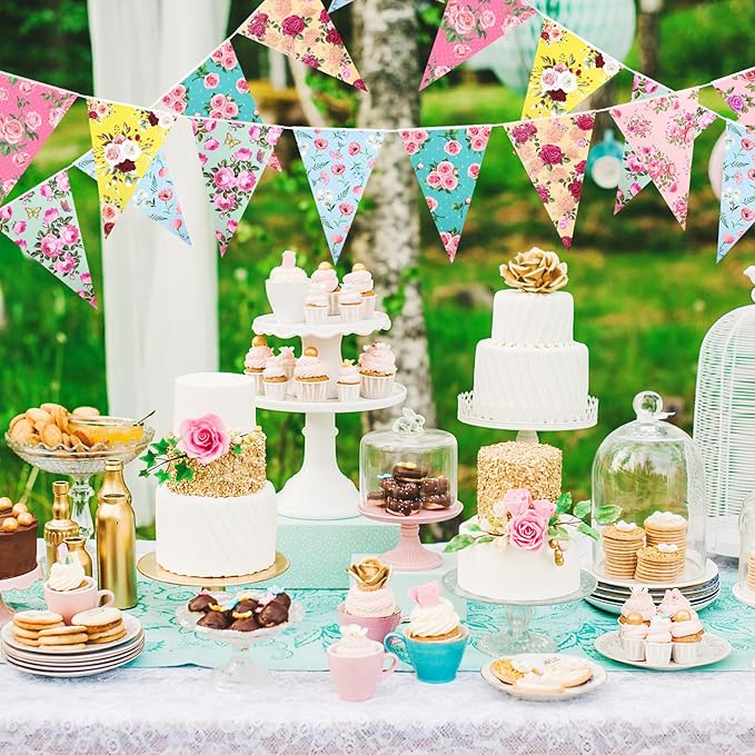 72 Pcs Vintage Floral Paper Bunting Banner Garland Bandana Pennants Outdoor Bunting Banner for Tea Party Decorations Flower Garden Yard Baby Shower Bridal Wedding Party Decorations