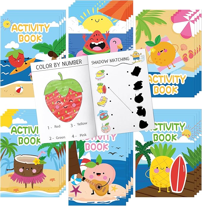 Summer Activity Books for Kids - 96Pcs Fruits Coloring Books Set Bulk Summer Tropical Search Mazes Word Scramble Games Mini Books for Party Goodie Bags Stuffers School Classroom Favors