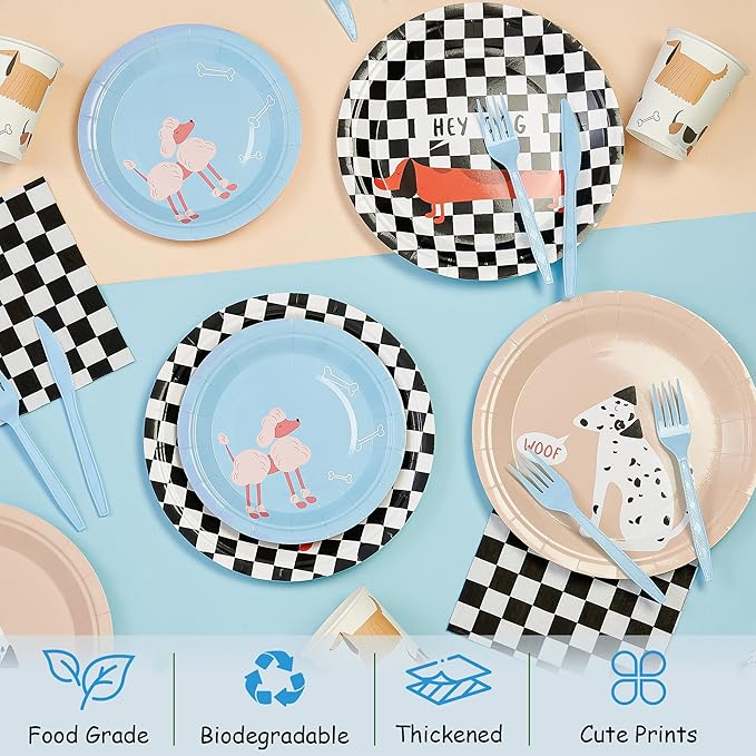 144Pcs Pet Dog Birthday Party Supplies Decorations Puppy Themed Paper Plates Napkins Vintage Puppy Party Tableware Disposable Pet Dinnerware Set for Kids Birthday Baby Shower Table Decor, Serve 24