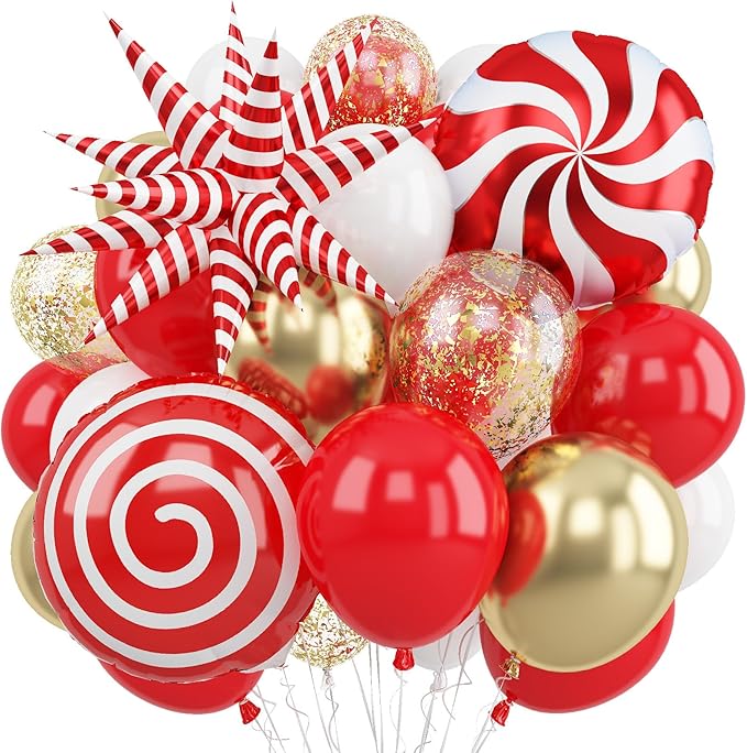Red and Gold Christmas Balloon Set, 12 Inch Matte Red Metallic Gold Confetti White Latex Balloons with Exploding Star Candy Swirl Lollipop Foil Balloon for Xmas Birthday Baby Shower Party Decorations