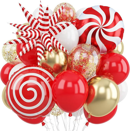 Red and Gold Christmas Balloon Set, 12 Inch Matte Red Metallic Gold Confetti White Latex Balloons with Exploding Star Candy Swirl Lollipop Foil Balloon for Xmas Birthday Baby Shower Party Decorations