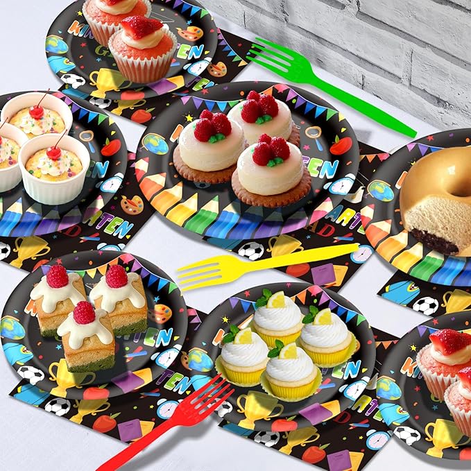 96 Pcs Kindergarten Graduation Paper Plates and Napkins Disposable Pre-K Grad Party Supplies Decorations Tableware for 2026 Preschool Kindergarten Graduation Party Supplies