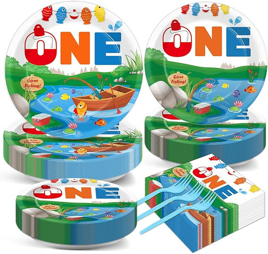 50 GuestsGone Fishing Plates and Napkins Party Supplies Ofishally One Birthday Party Decorations Disposable Tableware Set The Big One Dinnerware Favor for Kids Boys Girls, 200PCS