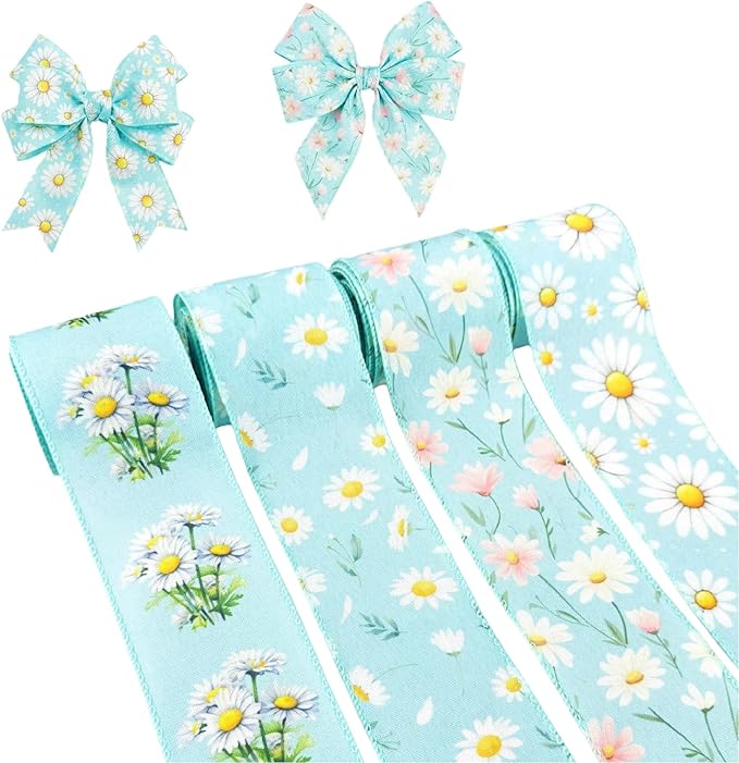Spring Daisy Wired Edge Ribbon, 2.5 Inch Turquoise Blue with White Pink Floral Printed Ribbon, 4 Rolls for Birthday Wedding Bridal Baby Shower DIY Wrapping Mother's Day Party Decor (Turquoise Blue)