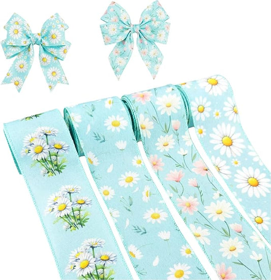 Spring Daisy Wired Edge Ribbon, 2.5 Inch Turquoise Blue with White Pink Floral Printed Ribbon, 4 Rolls for Birthday Wedding Bridal Baby Shower DIY Wrapping Mother's Day Party Decor (Turquoise Blue)
