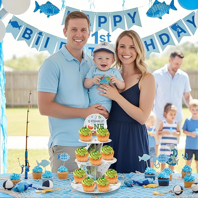 Go Fishing Cupcake Stand Decorations - 3 Tier Ofishally One Birthday Decorations Gone Fishing 1st Cupcake Stand Dessert Tower Holder for Kids Baby Shower Little Fisherman Birthday Party Favor