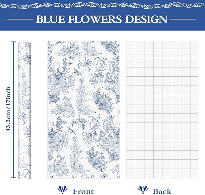 WERNNSAI Flower Gift Wrapping Paper Roll - 1 Roll 17”x 33 ft Bouquet Wrapping Paper Wedding Blue Gift Wrap for Women Adults Birthday Party Festival Holiday Art Supplies