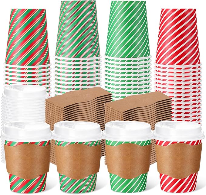 Mimorou 100 Pcs 8oz Fall Plaid Disposable Coffee Cups with Lids and Sleeves Autumn Thanksgiving Coffee Paper Cups for Cold Hot Drinks Fall Thanksgiving Party Supplies (Striped Style)