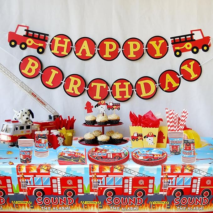 Firetruck Party Supplies - Fire Truck Party Tableware - Dinner Plates Desserts Plates Cups Napkins Tablecover Straws for Truck Theme Party Baby Shower Supplies, Serves 20 (20)