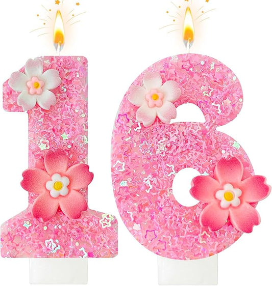 Pink Flower Birthday Candle,Number Birthday Candles for Cake, Ideal Birthday Parties Cake Decor, Wedding Anniversary and Other Celebrations (Number 16, Pink)
