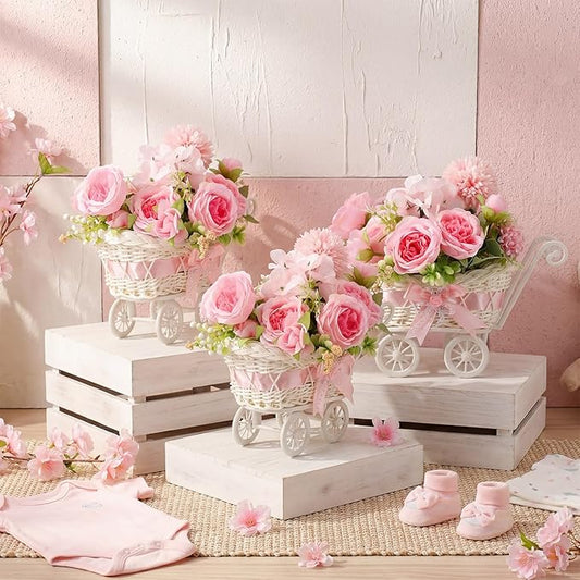3 Pack Rattan Baby Carriage Floral Arrangement with Bouquet Pink Baby Shower Table Centerpiece Stroller for Guests Gender Reveal Wedding Party Favor Gift and Souvenir