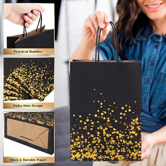 Cooraby 30 Pieces Bronzing Gold Black Paper Kraft Polka Dot Party Bags With Handle for Party Favors and Hen Parties