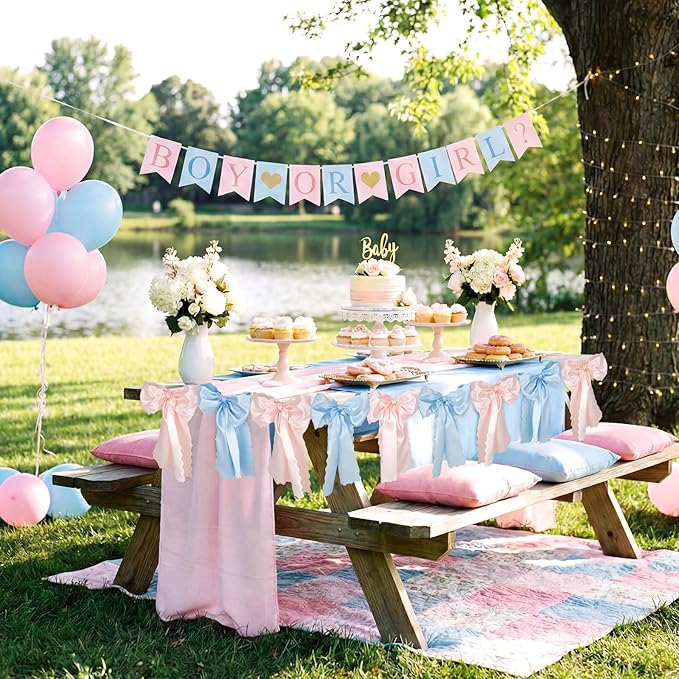 VitalCozy Pink Blue Bow Garland Decor for Gender Reveal Party Decorations, Pre-Strung Satin Ribbon Birthday Party Garland Bow Banner for Baby Shower Bachelorette Wedding Birthday Engagement Supplies