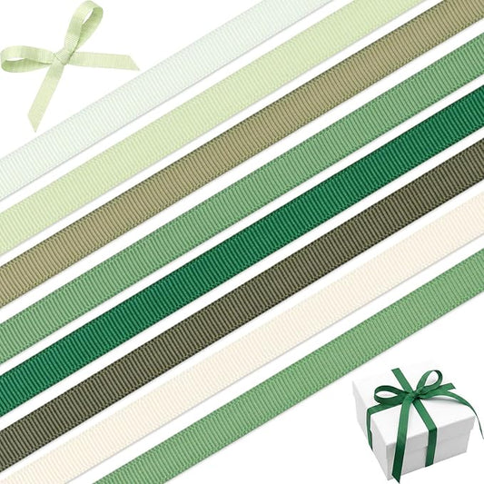 Sage Green 3/8 Inch Grosgrain Ribbon Set, 8 Pack x 3 Yards (24 Yards Total), Craft Ribbon for Wedding Bouquets Gift Wrapping Wreaths and Garden Party Decor