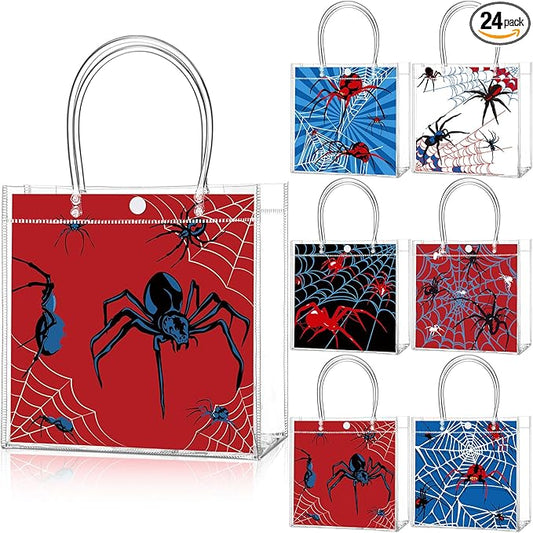 Teenyyou 24 Pcs Spider Clear Gift Bags with Handles Spider Party Favor Candy Treat Tote Candy Snack Treat Bags for Birthday Baby Shower Party Supplies