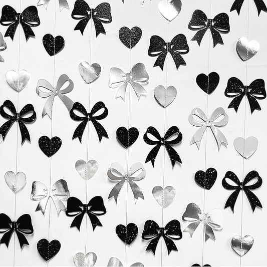 Bow Decorations Siver Black Metallic Glitter Paper Bow Heart Hanging Garland Streamer for Coquette Birthday Valentines Bachelorette Wedding Bridal Shower Anniversary Hen Party Decorations Supplies