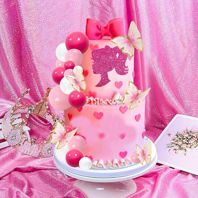 MEMOVAN Hot Pink Girl Cake Toppers 27pcs Pink Ball Butterfly Cake Decoration Princess Theme Cake Decoration for Boho Girls Princess Theme Wedding Baby Shower Birthday Party Supplies