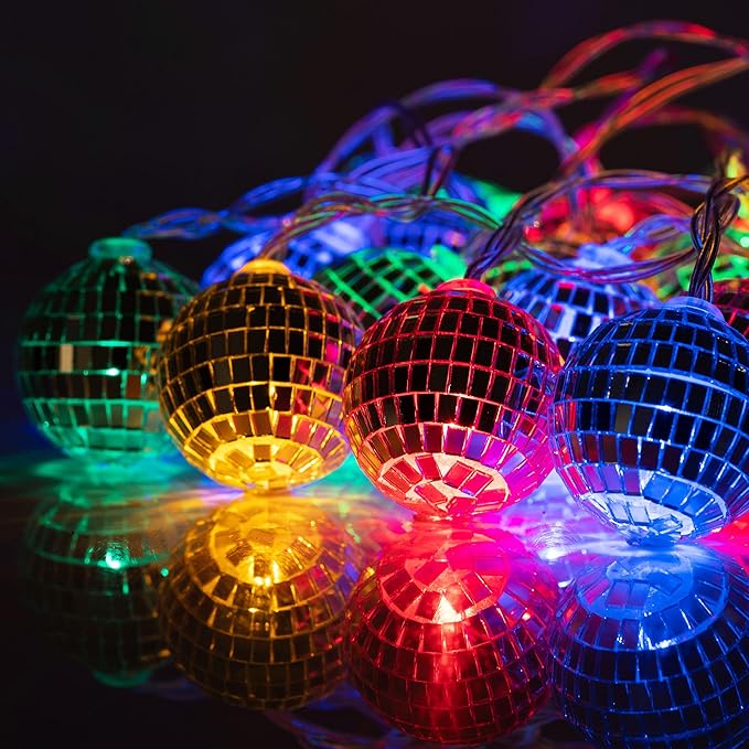 10 LED 2" Disco Balls String Lights 5.5ft, Battery Operated Portable Decorative Novelty Christmas Holiday Hanging Fairy Light Garland for Indoor/Outdoor, Silver Mirror/Colorful