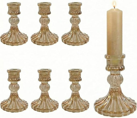 Amber Crystal Glass Candlestick Holders Set of 6, Vintage Taper Candle Holders for Dining Table, Wedding Centerpieces, Romantic, Thanksgiving Christmas Party Home Decor