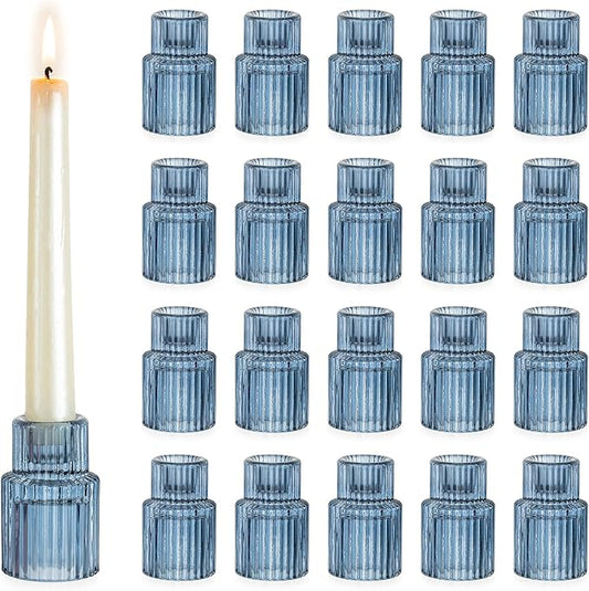 Hewory Glass Candlestick Candle Holder: 20PCS Blue Glass Taper Candle Holders for Table Centerpiece, Vintage Tapered Candlestick Holders for Christmas Centerpiece Wedding Party Holiday Home Decor