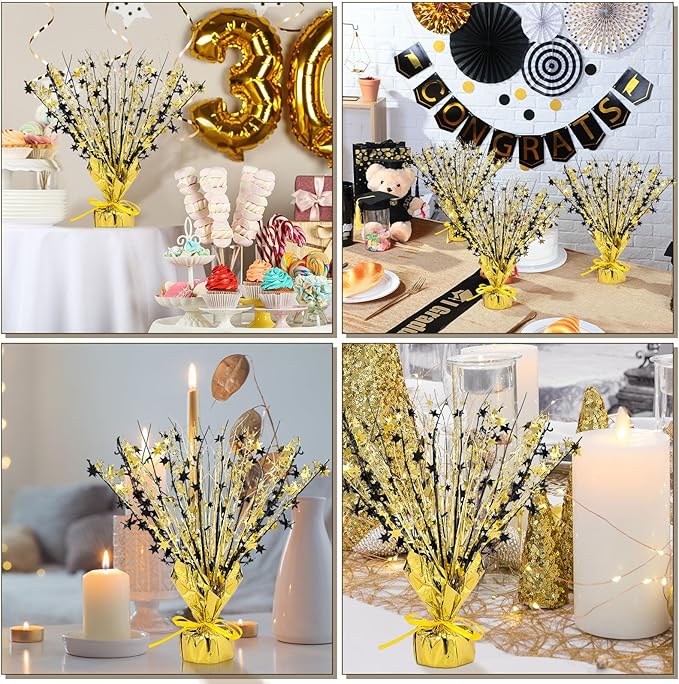 Crowye 3 Pieces Metallic Foil Spray Centerpiece Birthday Table Decoration Star Burst Centerpieces Graduation Table Decor for Birthday 2026 Party Holiday(Black Gold)
