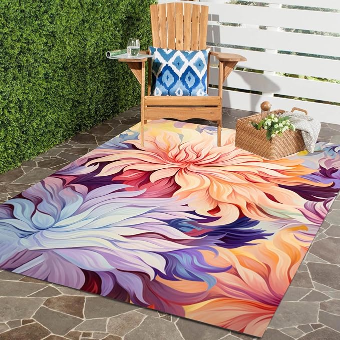 Waterproof Floral 2x3 Outdoor Rug Modern Vibrant Rugs for Balcony Patio Porch Garden Camping Pool Machine Washable Non Shed Outside Carpet Unique Easy Clean Flower Mat Lavender Peach