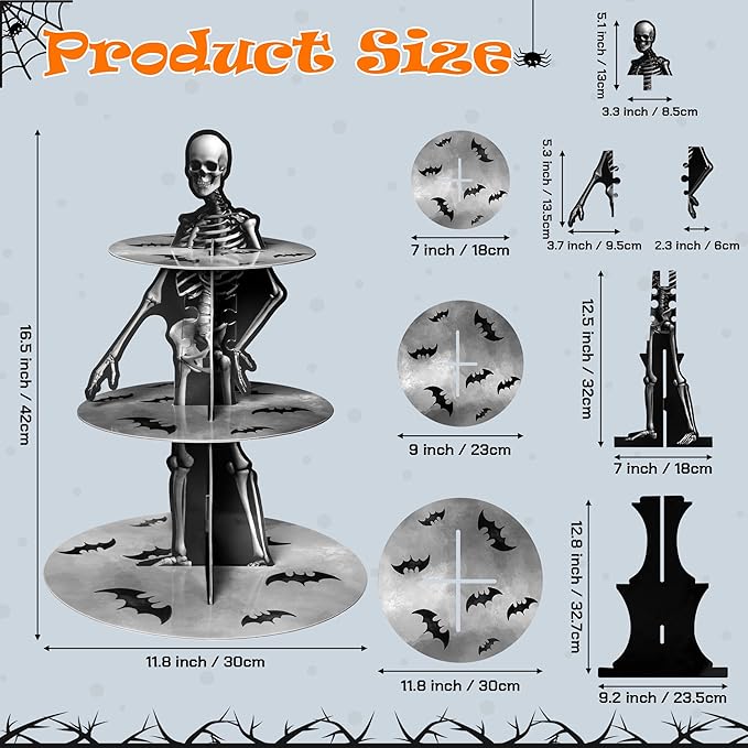 Haooryx Halloween Skeleton Cupcake Stand - 3 Tier Scary Bone Cupcake Tower Cardboard Gothic Style Black Dessert Holder Pastry Platter for Halloween Theme Party Table Decoration Birthday Party Supplies
