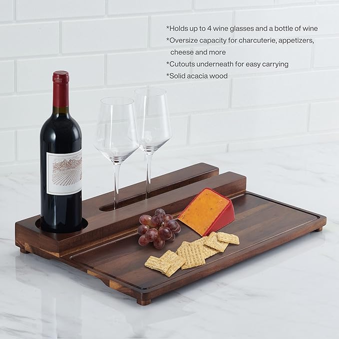 Gourmet Basics by Mikasa Picnic Wine and Charcuterie Acacia Wood Serving Tray, 20 x 13 Inch, Multicolored