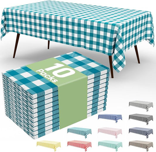 Smiry 10 Pack Turquoise Gingham Disposable Tablecloths - 54" x 108" Heavy Duty Plastic Table Cloth, Waterproof Buffalo Plaid Table Covers for Picnic, Banquets, Outdoor Parties