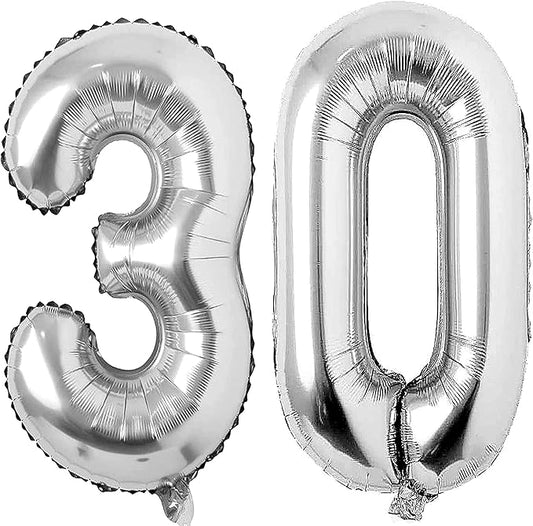 Silver 30 Number Balloons Big Giant Jumbo Large Number 30 Foil Mylar Balloons for Women Men 30th Birthday Party Supplies 30 Anniversary Events Decorations-40 inch