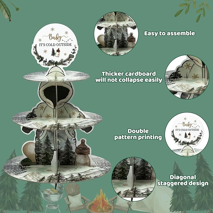 Adventure Baby Shower Cupcake Stand - 3 Tier Summer Camping Themed Cupcake Holder Baby It's Cold Outside Baby Shower Dessert Cake Tower Displays for Kids Birthday Gender Reveal Party Supplies