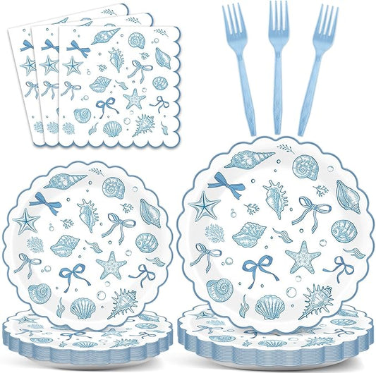 96pcs Scalloped Coastal Party Supplies Tropical Blue Bow Starfish Seashell Plates and Napkins Tableware Set Ocean Theme Party Decorations for Summer Beach Wedding Birthday Bachelorette for 24 Guests