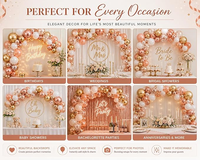 Rose Gold Balloons 70 Pack – Chrome Rose Gold, Gold, White & Confetti 12 Inch Latex Balloons for Birthday, Bridal Shower, Wedding & Balloon Arch Decorations