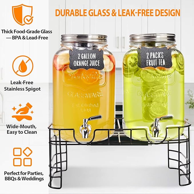 2 Gallon Large Glass Drink Dispenser Set, 2 Pack Beverage Dispensers with Stand & 18/8 Stainless Steel Spigot, Leakproof for Lemonade, Sun Tea & Iced Tea