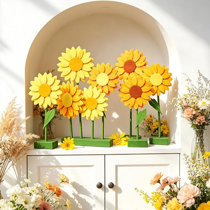 SUNBEAUTY 8 PCS Sunflower Felt Centerpieces for Tables Flower Birthday Party Decorations Sunflower Birthday Party Decorations Orange Yellow Sunflower Decorations for Girl Birthday Baby Shower