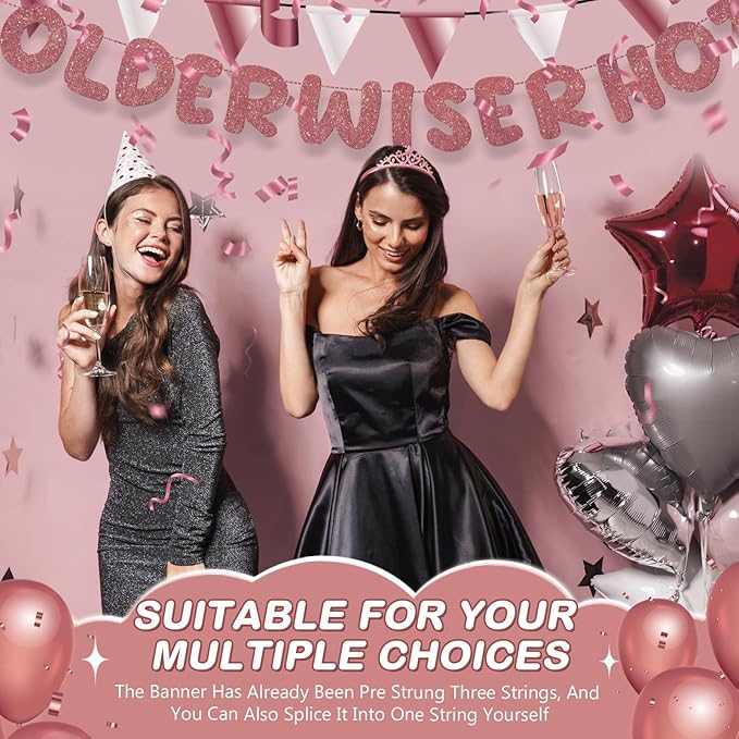 Fulmoon Set of 3 Pre Strung Older Wiser Hotter Glitter Banner Funny Birthday Banner for Women 30th 40th 50th 60th 70th 80th Birthday Party Decorations Sign Gift(Deep Rose Gold)
