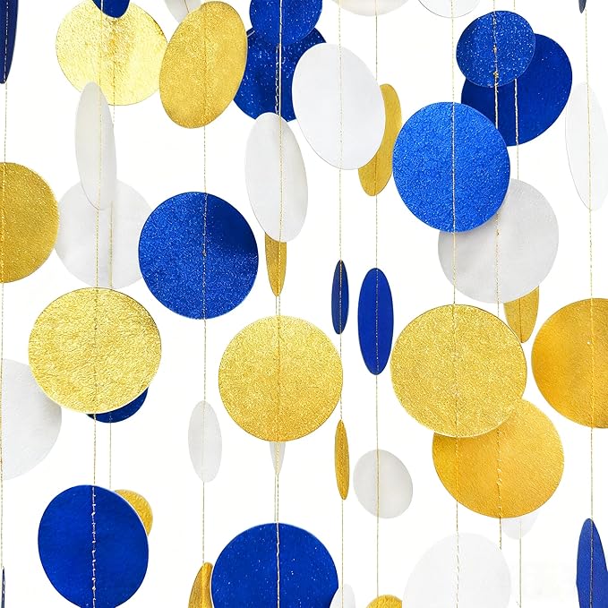 Royal Blue Gold White Party Polka Dot Garland Dark Blue Glitter Gold White Hanging Paper Circle Dots Streamer for Birthday Graduation Baby Shower Wedding Retirement Nautical Party Decorations Supplies