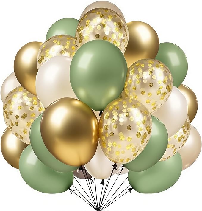 Firomi Metallic Chrome Gold and Sage Sand Latex Balloons Set 12-inch 70 Pack and Gold Confetti Party Latex Balloons for Birthday Wedding (with 2 Ribbons)