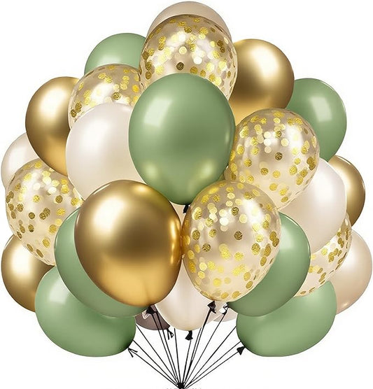 Firomi Metallic Chrome Gold and Sage Sand Latex Balloons Set 12-inch 70 Pack and Gold Confetti Party Latex Balloons for Birthday Wedding (with 2 Ribbons)