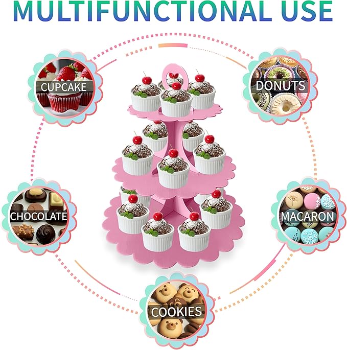 3-Tier Pink Cupcake Stand, Heart Handle Dessert Display Tower, Perfect for Girl Birthday Baby Shower Small Parties, Easy Assembly (1-Pack) ﻿