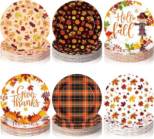 Umigy 120 Pcs Thanksgiving Paper Plates 7 Inch Hello Fall Dessert Plates, Fall Mable Leaves Dinner Disposable Tableware Harvest Party Dessert Tableware for Give Thanks Theme Autumn Thanksgiving Party