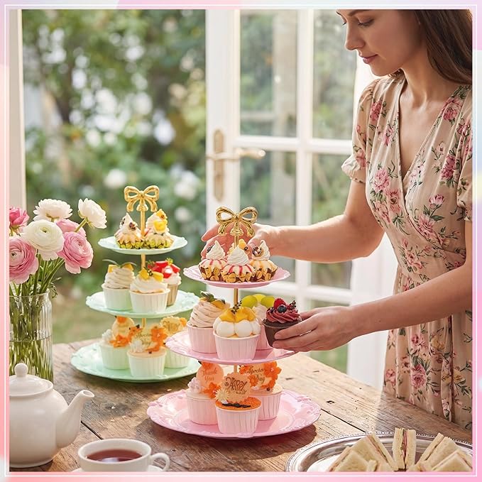 3 Sets Tea Party Decorations of 3 Tier Wedding Plastic Dessert Table Display Set Cupcake Stand Dessert Plates Cake Candy Display Tower Wedding Birthday Baby Shower Tea Party Decoration