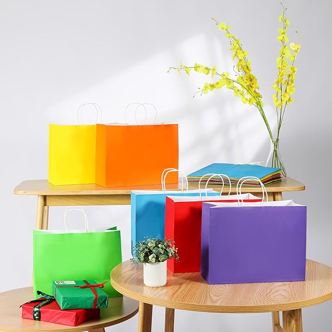 SUNCOLOR Large Paper Gift Bags with Handles, Rainbow Colors, 13x10x5.5 Inch, 24 Pack, for Birthday, Wedding, Shopping
