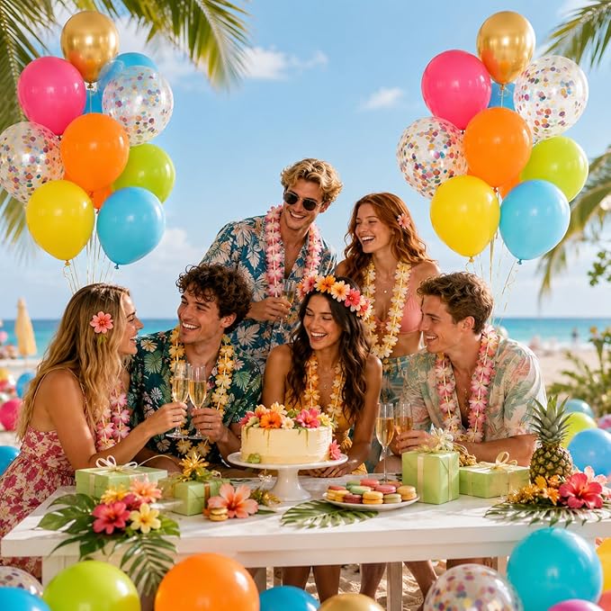 Tropical Balloons, 60Pcs Summer Balloon Hot Pink Orange Teal Blue Yellow Green Gold Colorful Balloons with Rainbow Confetti Balloon for Hawaiian Aloha Luau Pool Birthday Beach Party Decorations